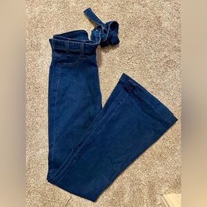 Dark Blue Denim Tie Waist Flare Jeans